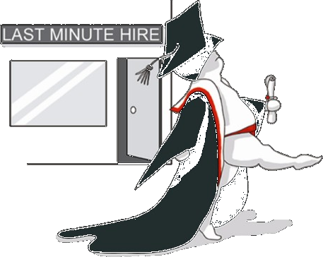 Sumo character in graduation gown leaving a Last Minute Hire building with a diploma