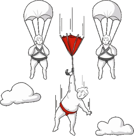 Sumo characters parachuting down, one using an umbrella instead of a parachute