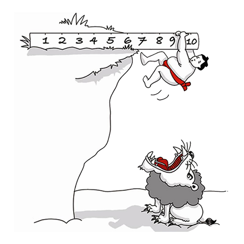 Sumo wrestler hanging from a cliff above a lion, beside a scale of 1 to 10