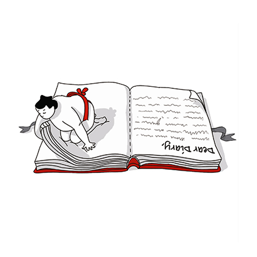 Sumo wrestler reading a giant diary