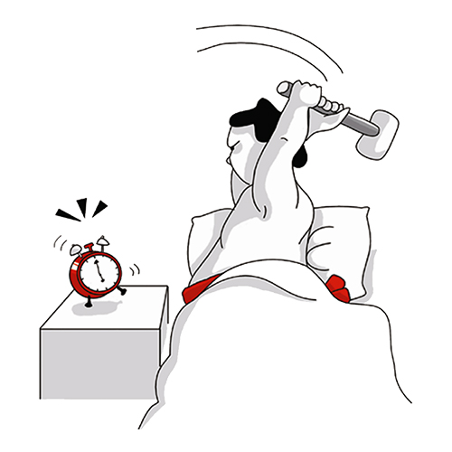 Sumo wrestler smashing an alarm clock with a mallet