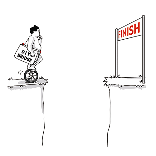 Sumo wrestler on a unicycle carrying a DIY bridge kit across a chasm