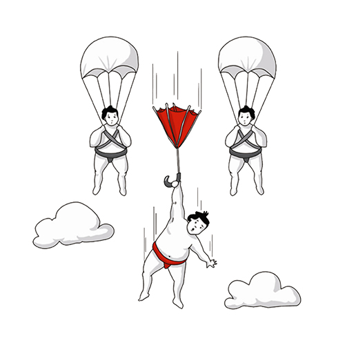 Sumo wrestlers parachuting down with umbrellas