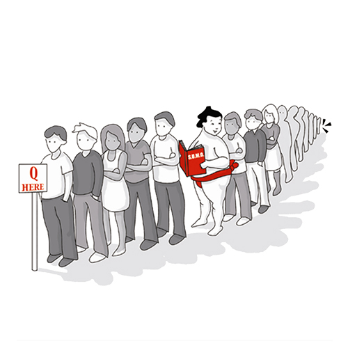 Sumo wrestler waiting in a queue holding a SUMO book